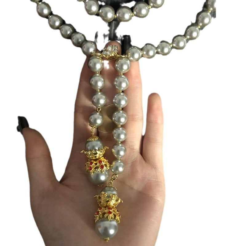 Layered Glass Pearl Super Long Necklace Sweater Chain