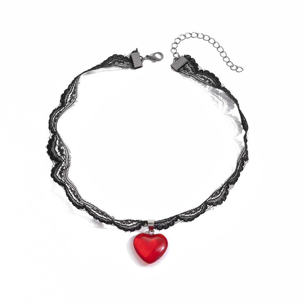 Personalized black lace collarbone chain, sweet and cool red glass heart-shaped pendant necklace