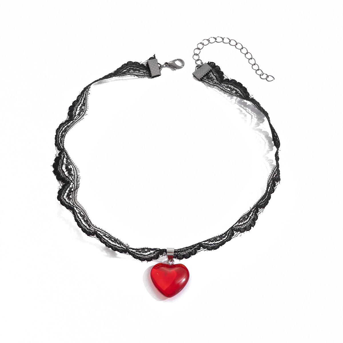 Personalized black lace collarbone chain, sweet and cool red glass heart-shaped pendant necklace