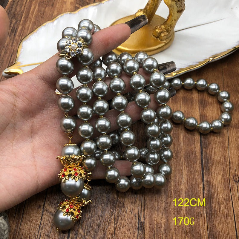 Layered Glass Pearl Super Long Necklace Sweater Chain