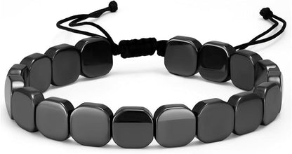 Cubed Black Onyx Bracelet for Men, Hematite Elastic Mix-and-Match Beaded Bracelet, Braided Adjustable Jewelry