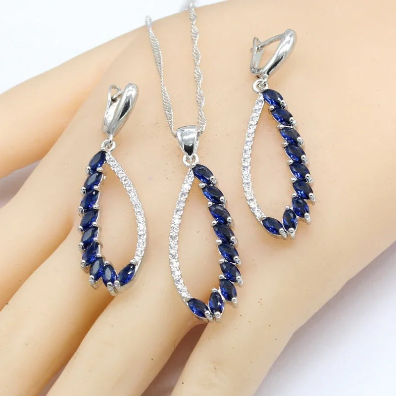 Dubai Jewelry Sets For Women Wedding Party Blue Stones Earrings Bracelet Rings Necklace Pendant Gift Box