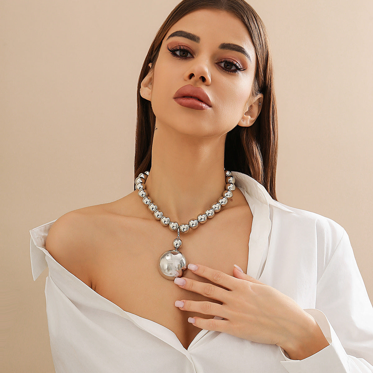 Exaggerated Geometry Cyber Style Bead Necklace Jewelry Simple Bead Neck Chain Choker Female