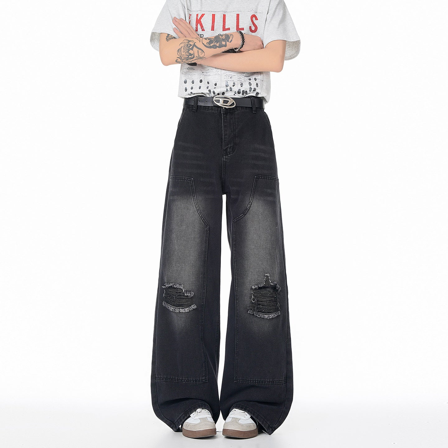 Vintage High Street Faux Ripped Denim Pants