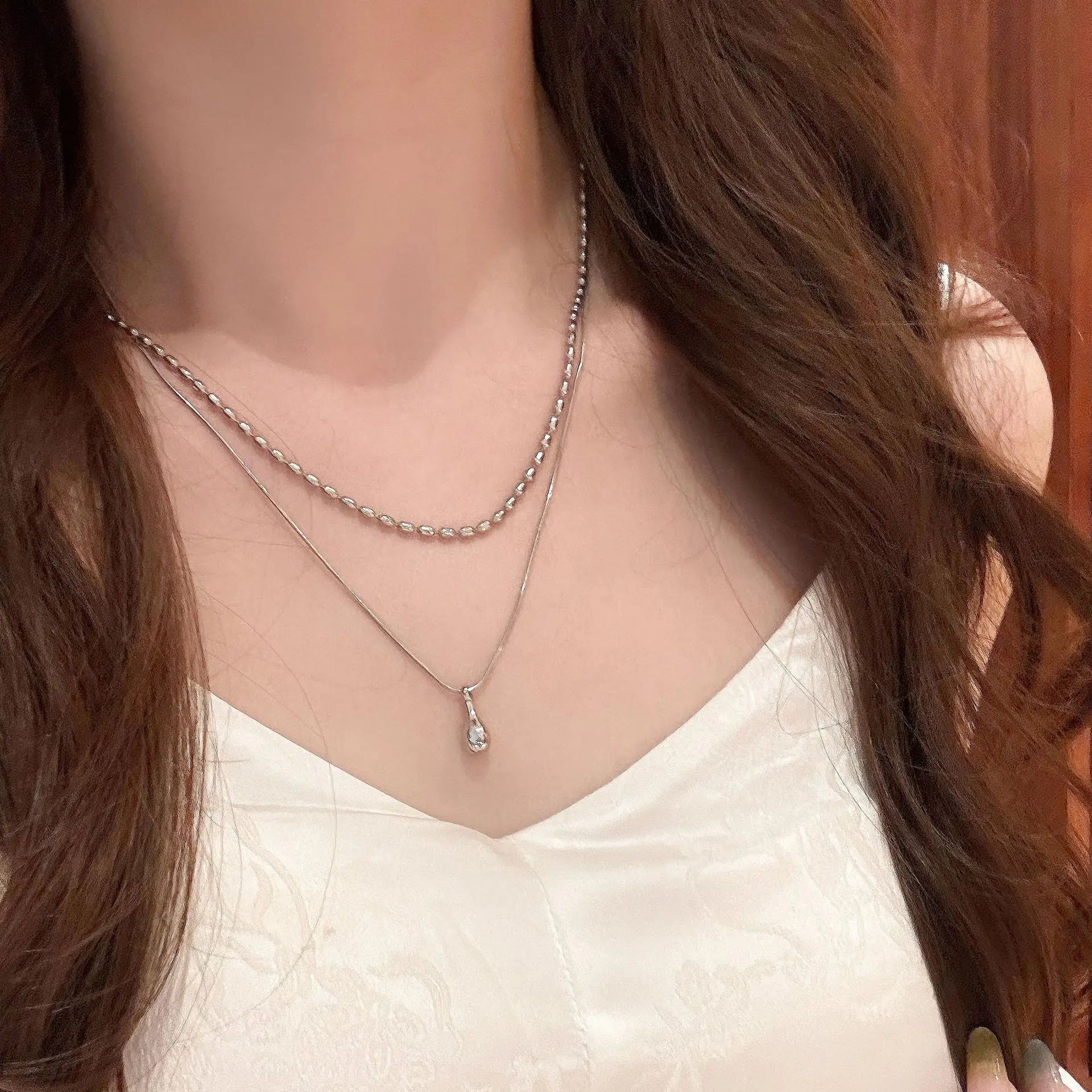 Water Drop Pendant Necklace for Women Double Collar Chain Fashion Fine Jewelry Gifts Long Layered Necklace Jewelry Accessories