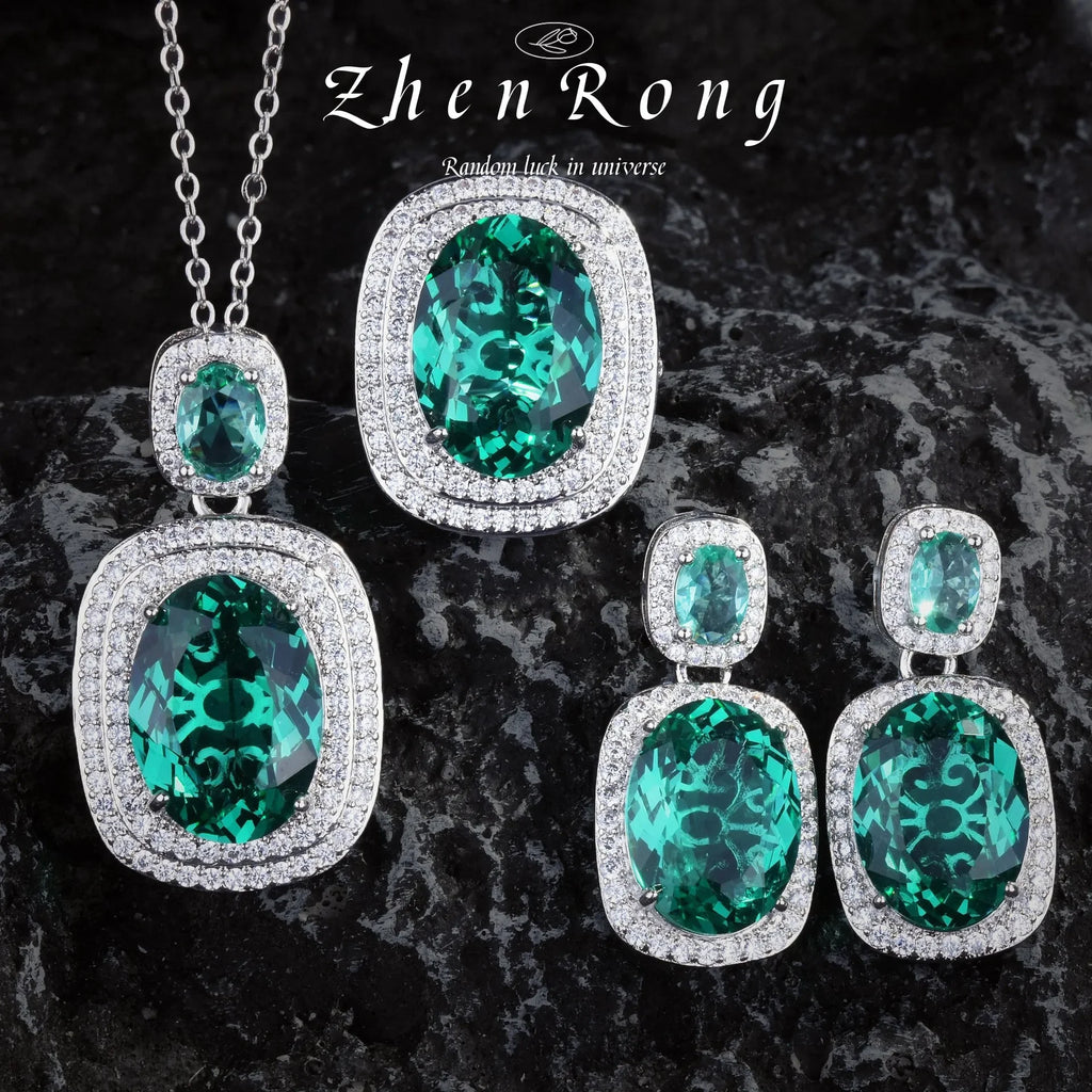 Women‘s Fashion 925 Silver Jewelry AAA CZ Emerald Pendant Necklace Ring Earring Female Vintage Elegant Wedding Party Jewelry Set
