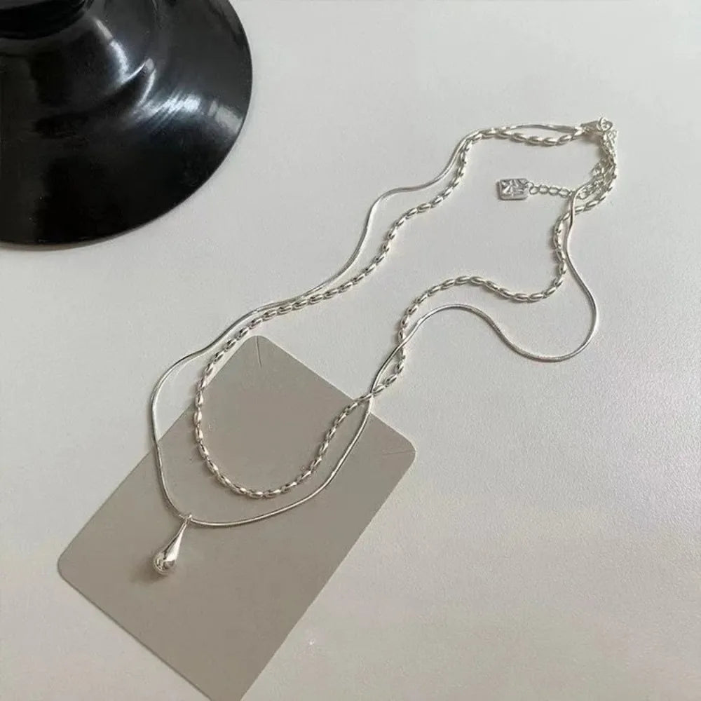 Water Drop Pendant Necklace for Women Double Collar Chain Fashion Fine Jewelry Gifts Long Layered Necklace Jewelry Accessories