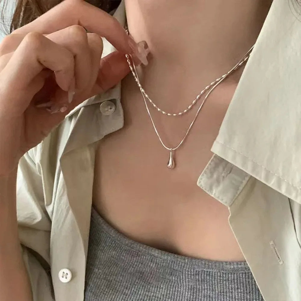 Water Drop Pendant Necklace for Women Double Collar Chain Fashion Fine Jewelry Gifts Long Layered Necklace Jewelry Accessories