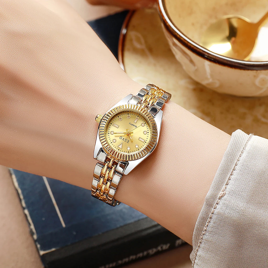 Luxury Two-Tone Women's Watch with gold and silver band, showcasing elegance on a wrist.