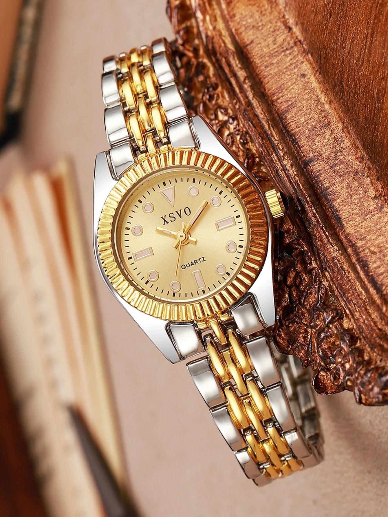 Luxury Two-Tone Women's Watch featuring a stylish alloy band and golden dial.