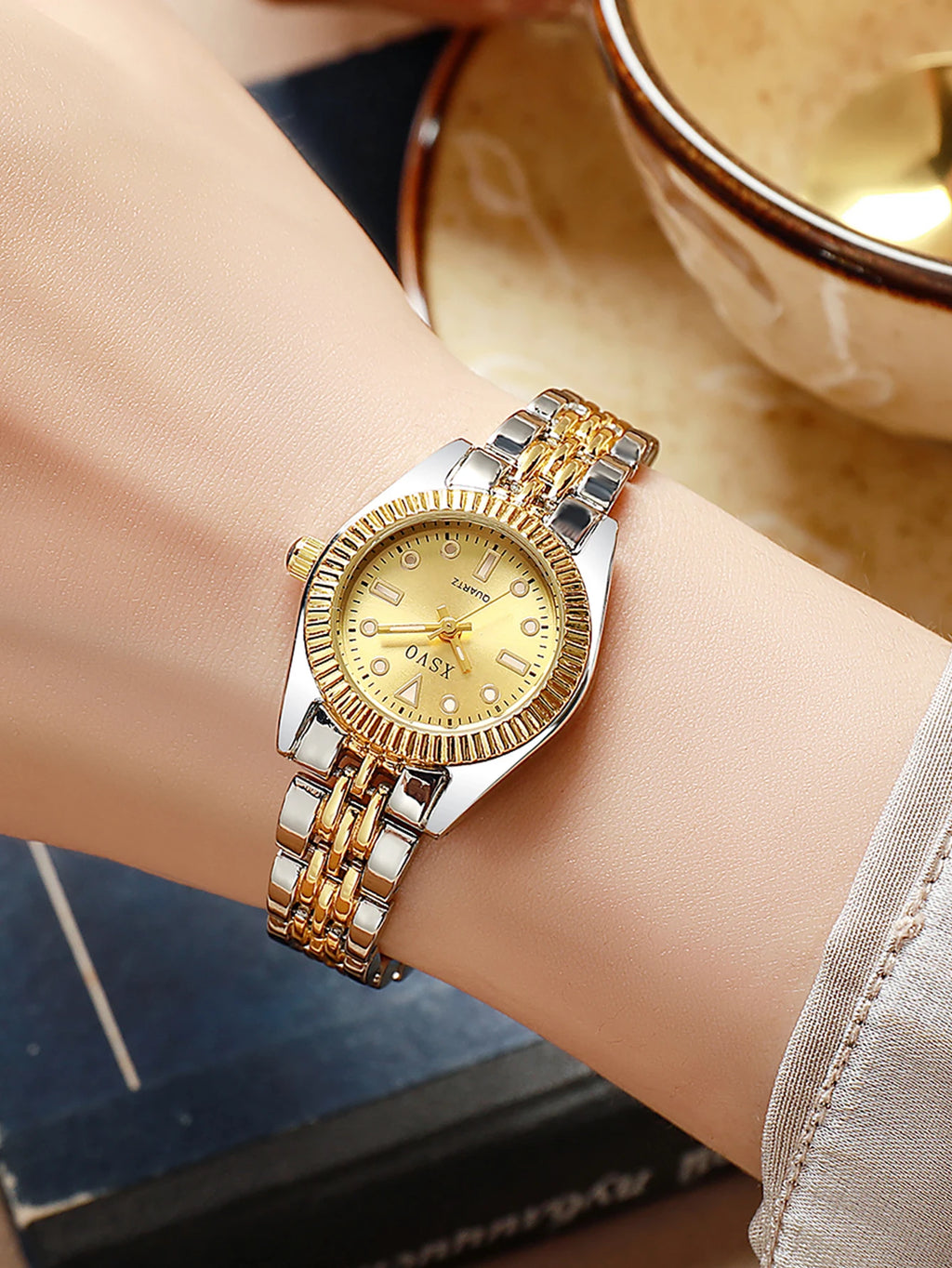 Luxury Two-Tone Women's Watch with gold and silver alloy band, elegant design, perfect for any occasion.