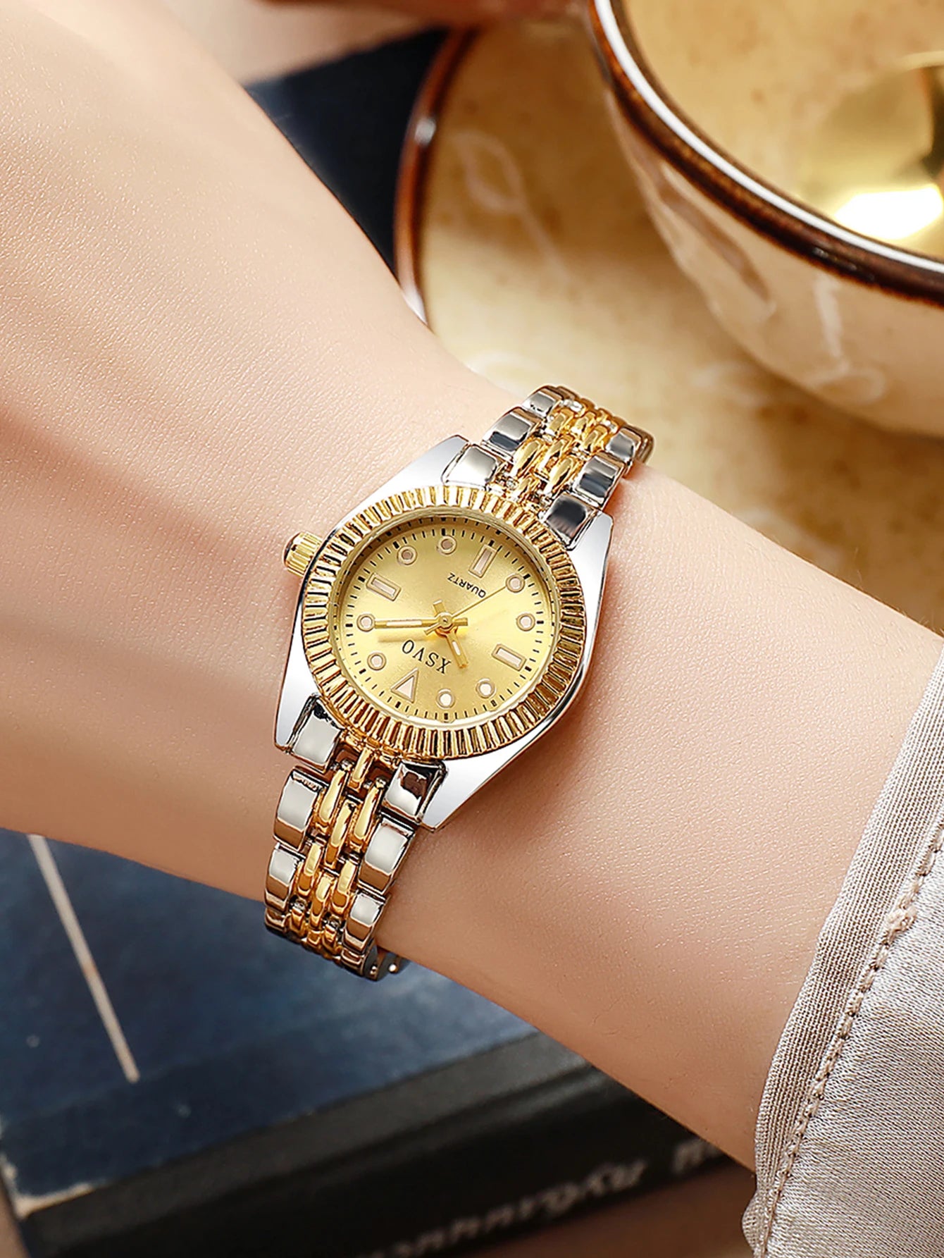 Luxury Two-Tone Women's Watch with gold and silver alloy band, elegant design, perfect for any occasion.