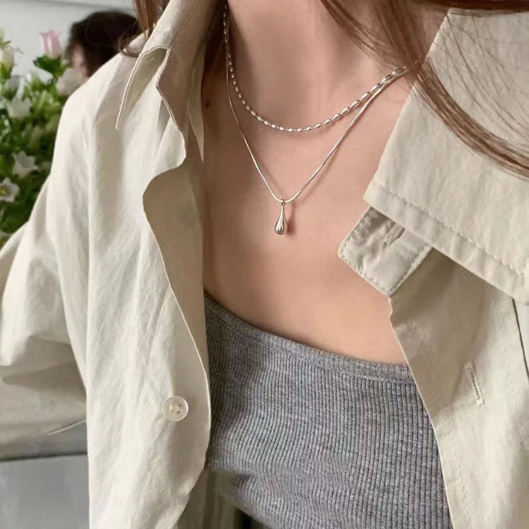 Water Drop Pendant Necklace for Women Double Collar Chain Fashion Fine Jewelry Gifts Long Layered Necklace Jewelry Accessories