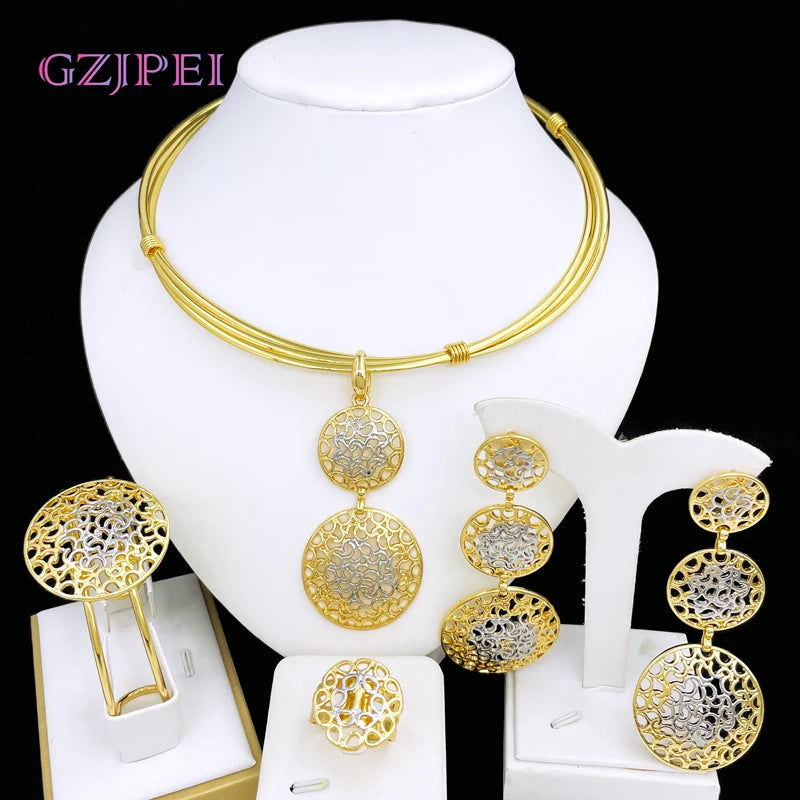 Women  Jewelry Set Two Tone Design Luxury Nigeria Trending Choker Pendant Earrings Ring Bracelet Wedding Party Gift