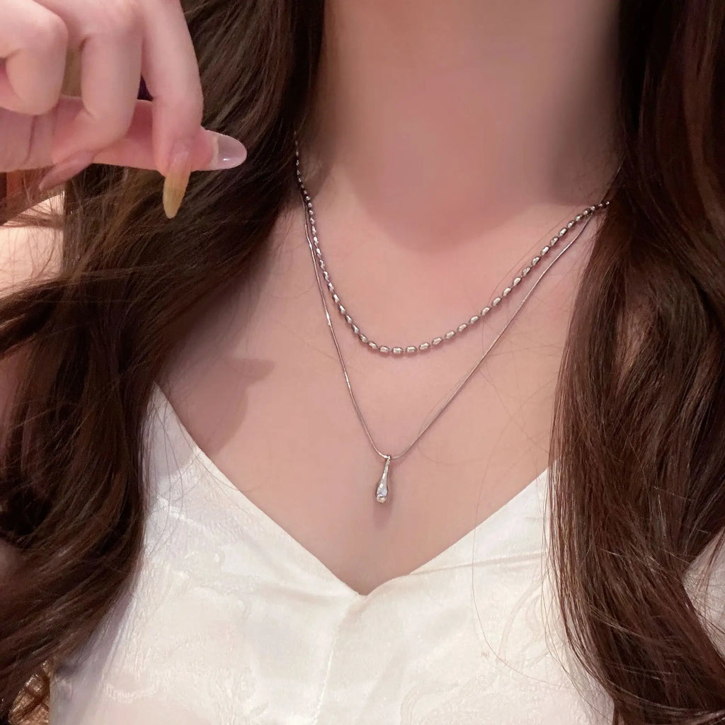 Water Drop Pendant Necklace for Women Double Collar Chain Fashion Fine Jewelry Gifts Long Layered Necklace Jewelry Accessories