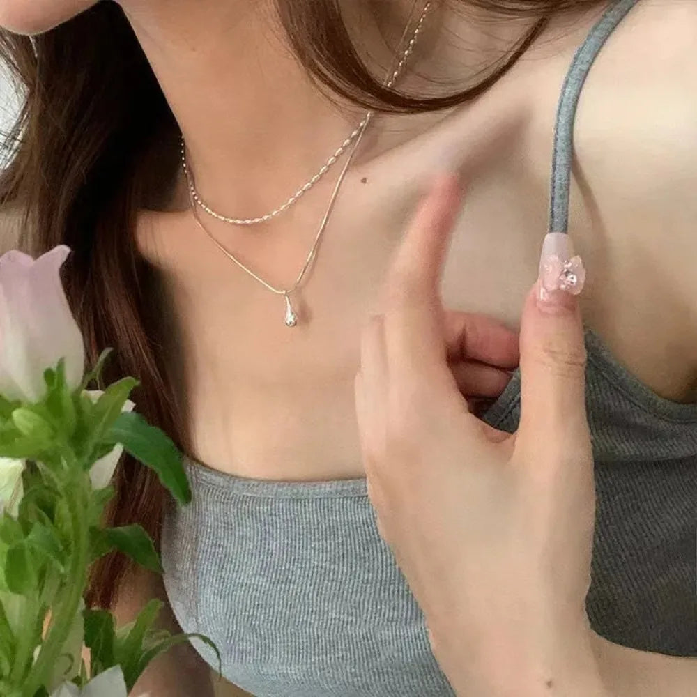 Water Drop Pendant Necklace for Women Double Collar Chain Fashion Fine Jewelry Gifts Long Layered Necklace Jewelry Accessories