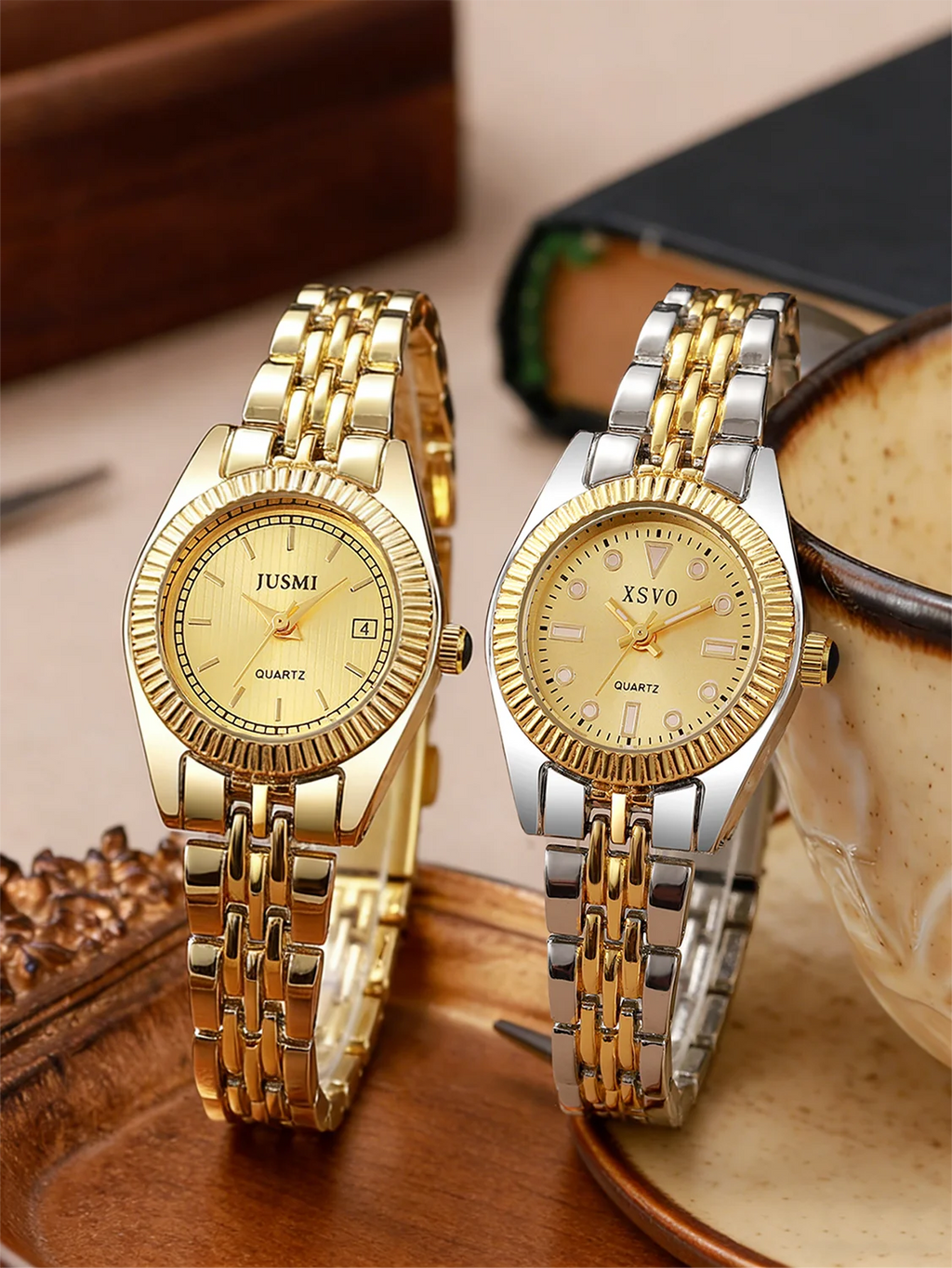 Luxury Two-Tone Women's Watch featuring gold and silver color bands, perfect for stylish occasions.