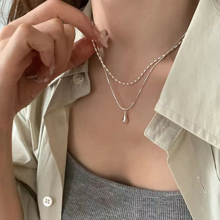 Water Drop Pendant Necklace for Women Double Collar Chain Fashion Fine Jewelry Gifts Long Layered Necklace Jewelry Accessories